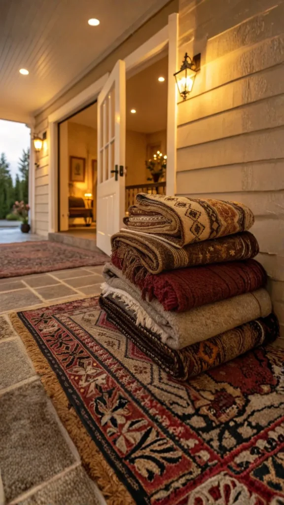 cozy entryway decor ideas layered natural rugs warm wood stone flooring welcoming texture