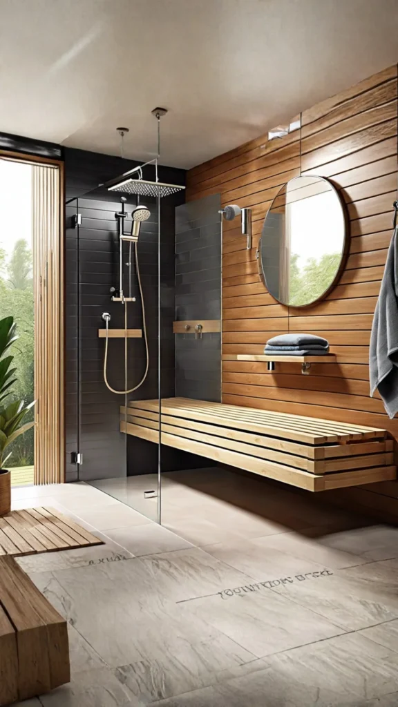 walk-in shower ideas wooden slat bench seating built in warm spa 2026