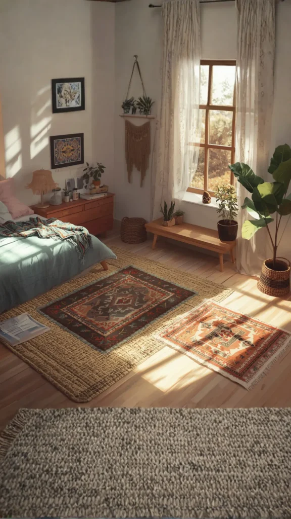 boho bedroom ideas layered jute wool rugs warm texture floor 2026