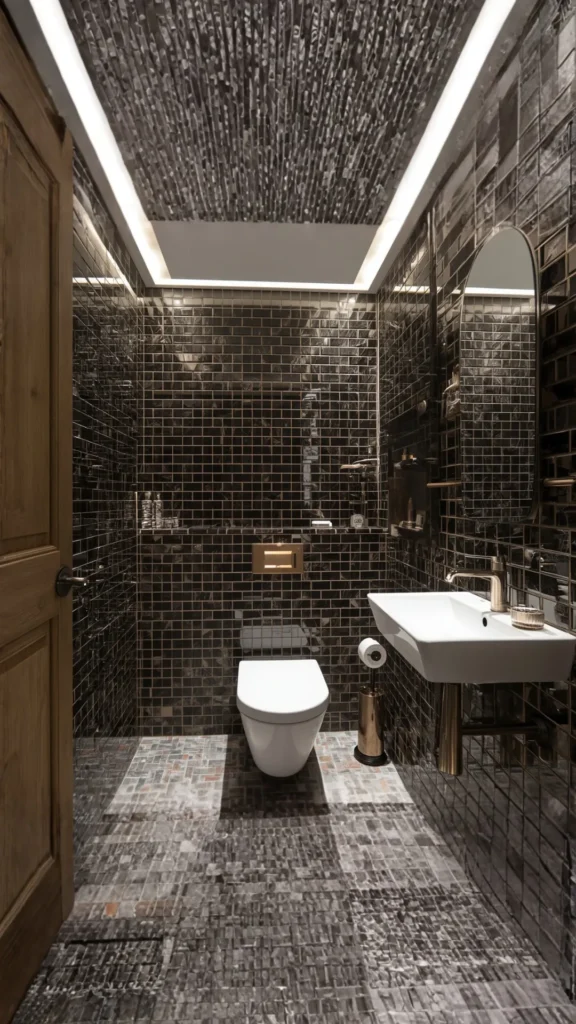 small bathroom ideas 2026 statement tiles bold feature wall dramatic small space