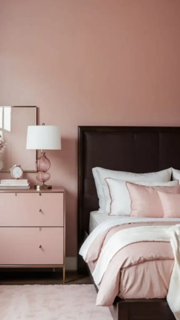 bedroom color ideas dusty blush walls warm wood golden accents cream bedding 2026
