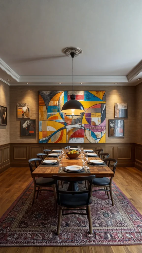 gallery wall dining room oversized statement piece supporting prints flanked warm balanced