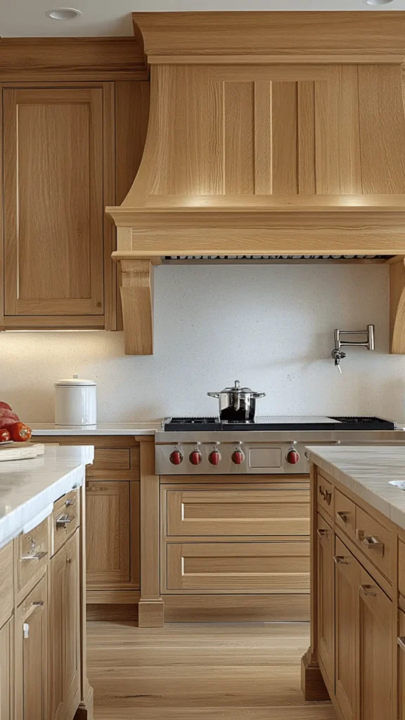 light oak kitchen cabinets vertical grain matching doors continuous pattern 2026