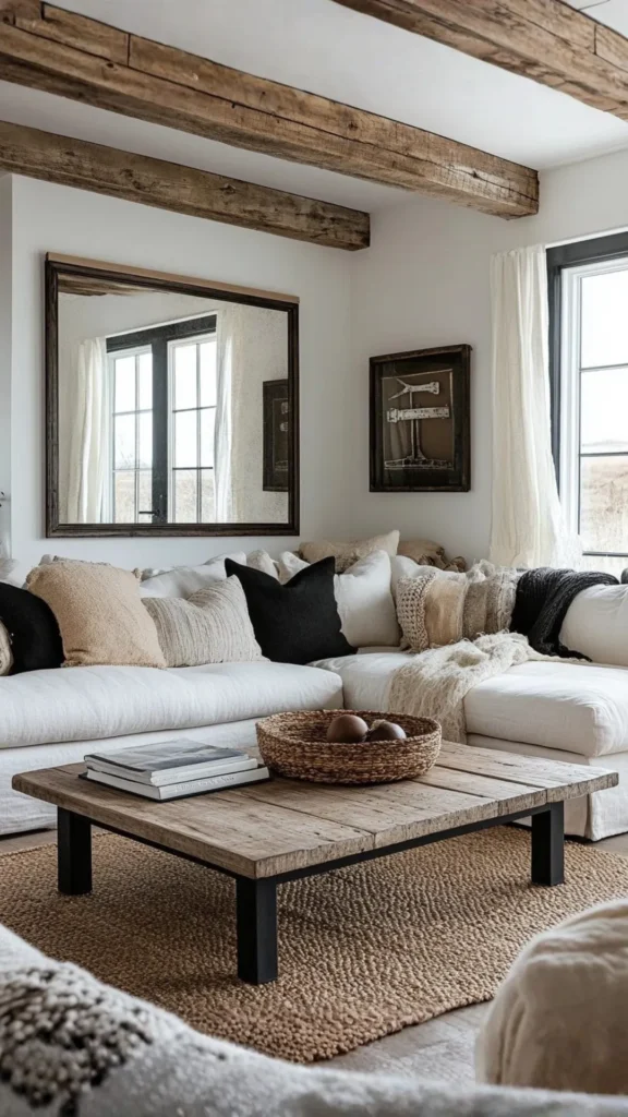 modern farmhouse living room vintage antique pieces mixed warm character 2026