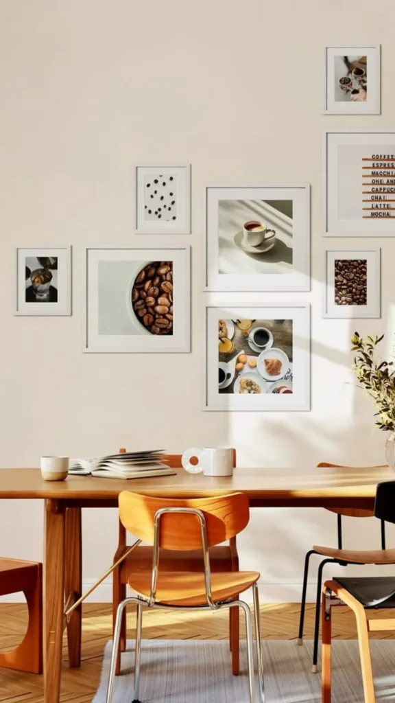 gallery wall dining room monochromatic color blocked warm dominant