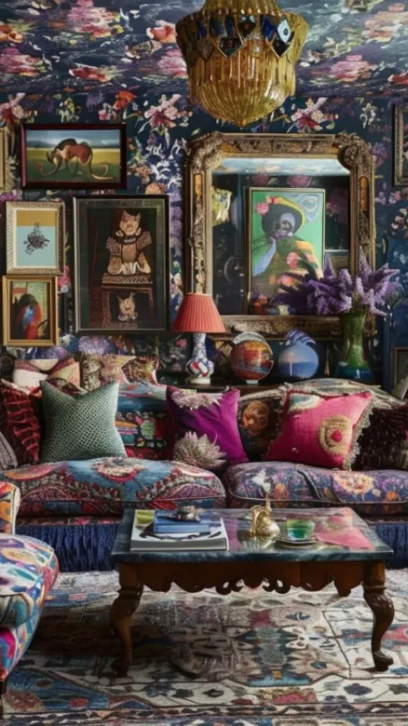 maximalist home decor vintage textile collection displayed wall art