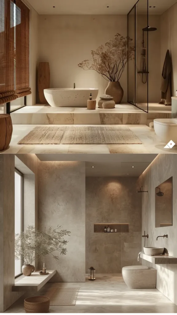 japandi contemporary fusion bathroom rainfall shower natural stone tiles warm earthy luxury