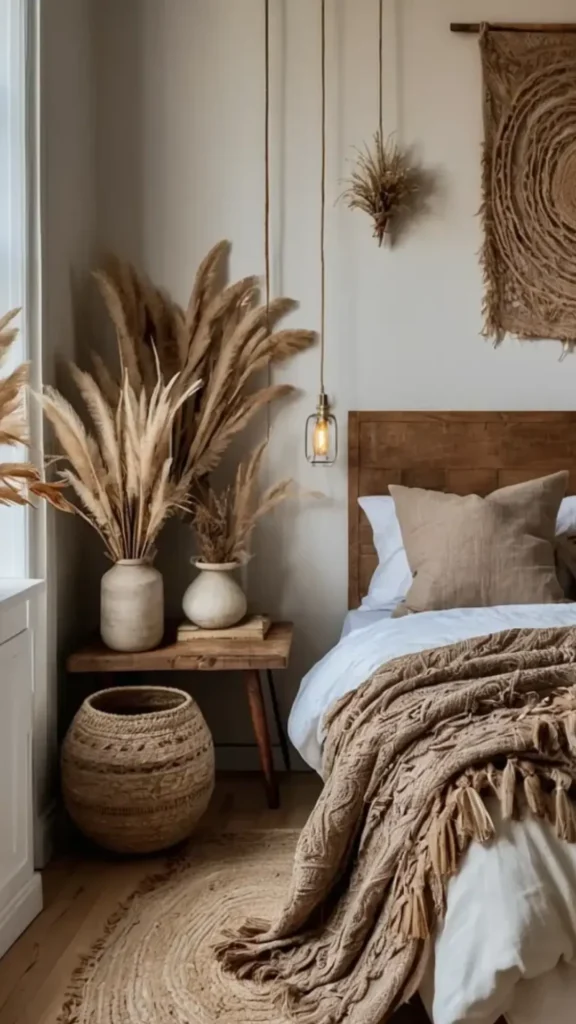 boho bedroom ideas dried botanical arrangement ceramic vessel dresser
