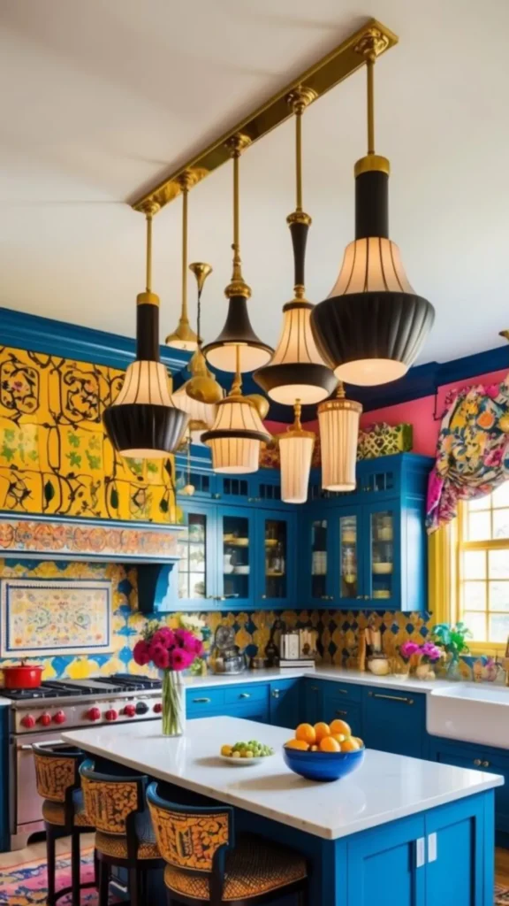 maximalist home decor kitchen open shelving colorful crockery glassware