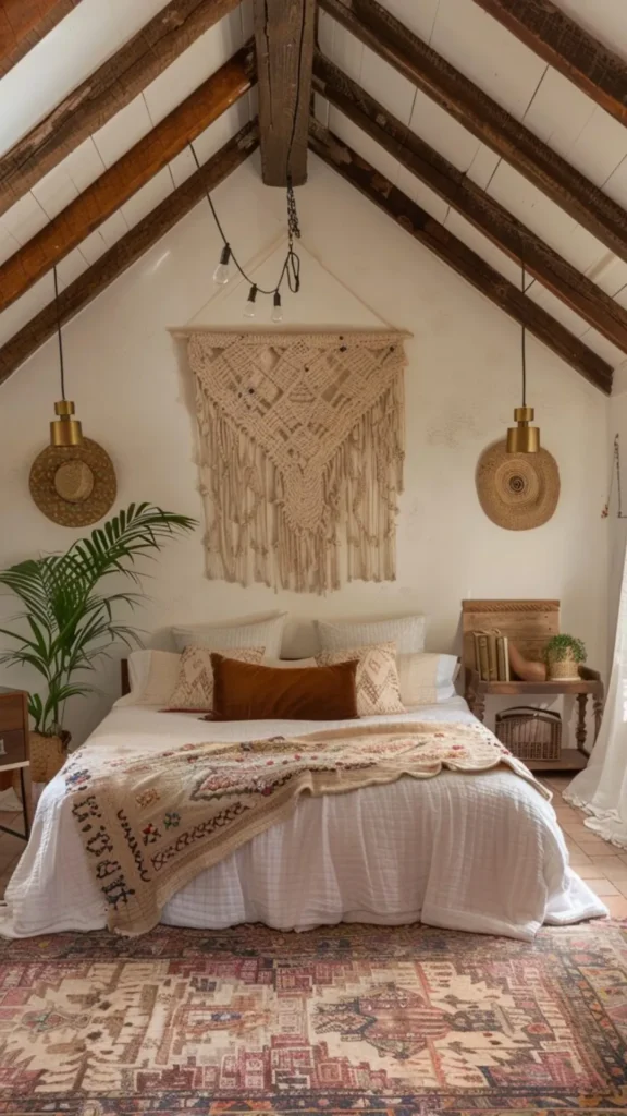 boho bedroom ideas ceiling treatment wood beams painted color