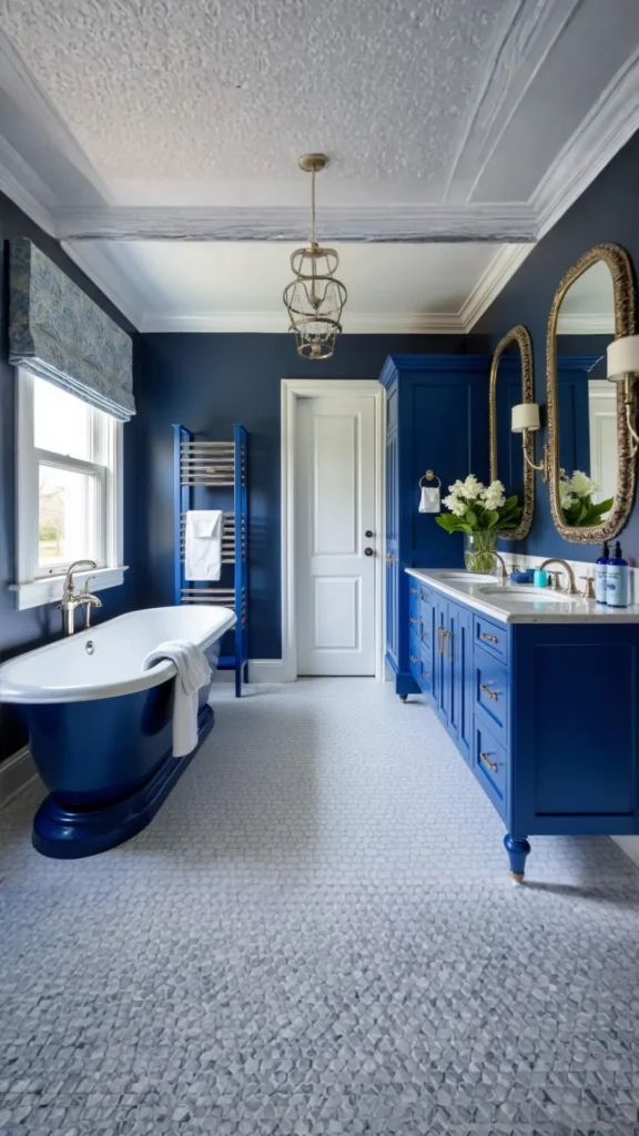 colorful bathroom ideas cobalt blue terrazzo floor tiles warm white fixtures bold joyful