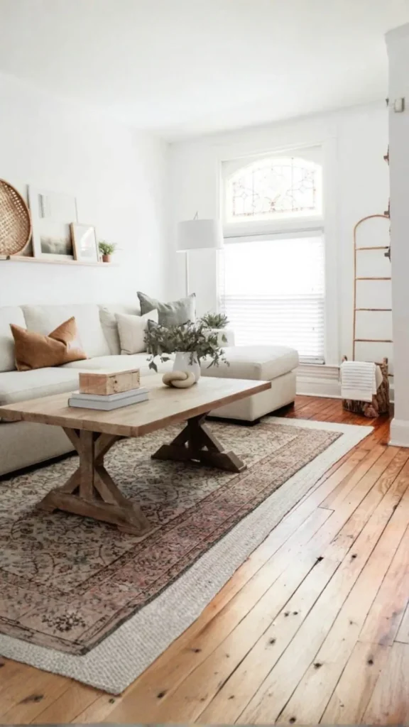 modern farmhouse living room layered jute wool rugs warm natural texture 2026