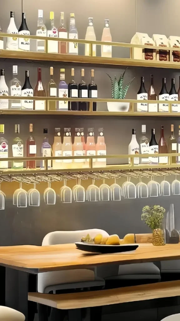 gallery wall dining room wine bar shelf integrated art