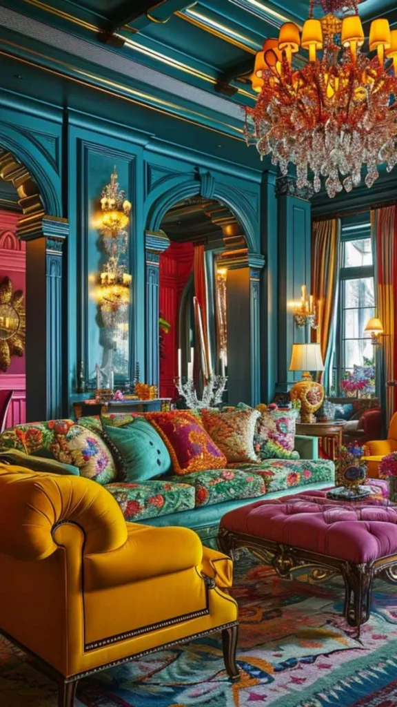 maximalist home decor multiple statement light fixtures together bold