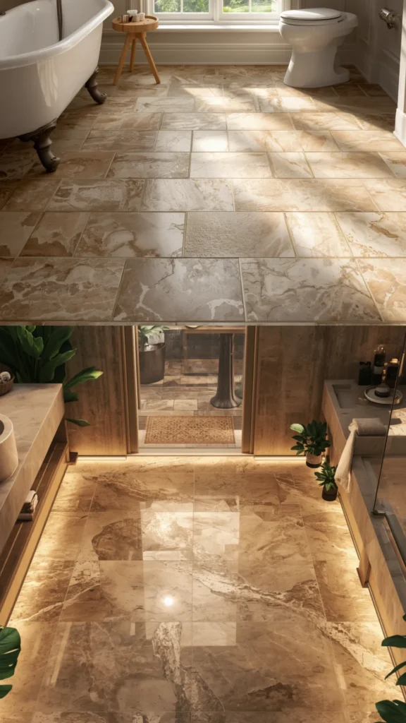 japandi contemporary fusion bathroom heated floors natural stone warm comfortable luxury