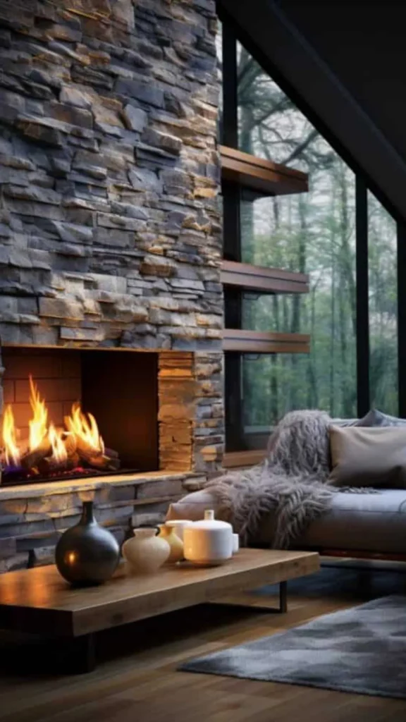stone fireplace ideas hidden log storage recess built in