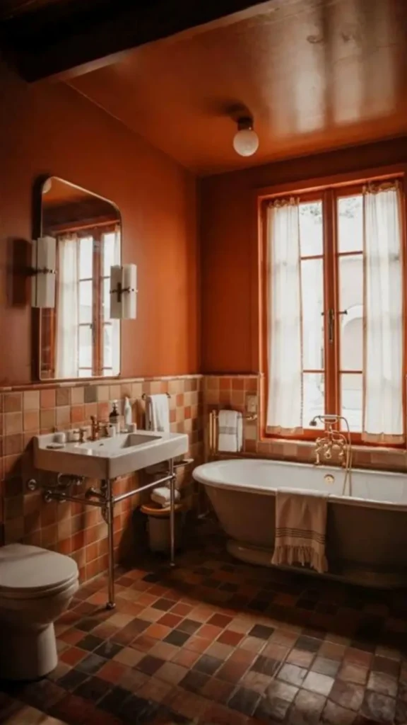 colorful bathroom ideas terracotta clay tile bathroom warm lighting natural accessories earthy