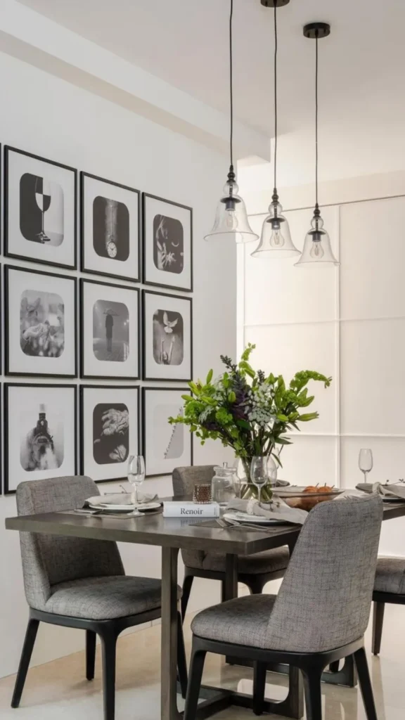gallery wall dining room textile framed hung fabric
