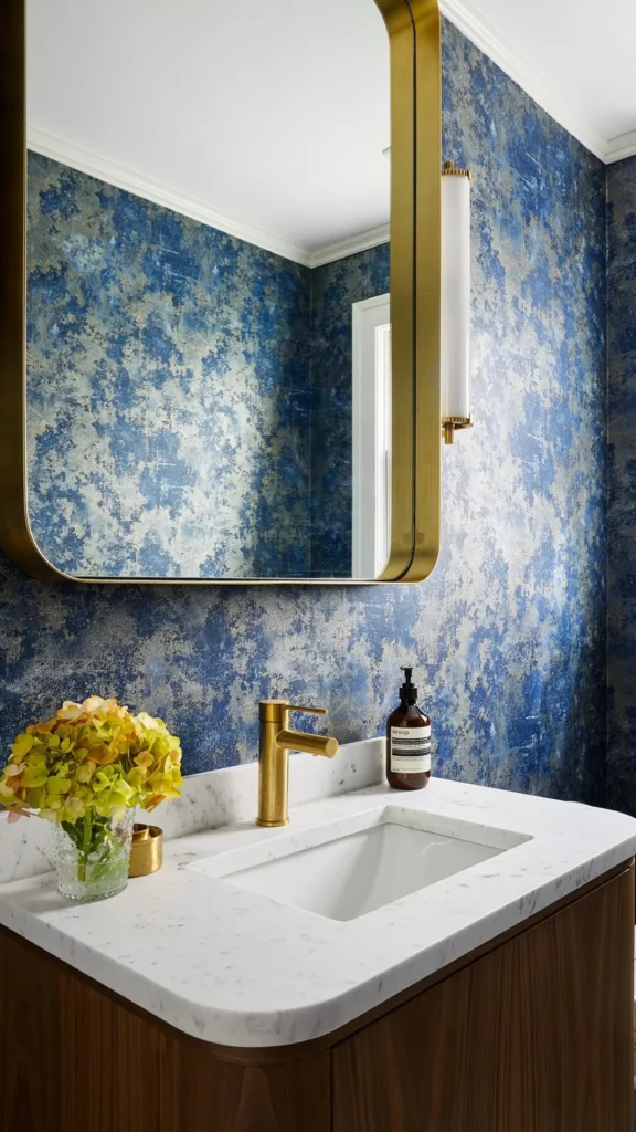 maximalist home decor powder room dramatic wallpaper gold fixtures art