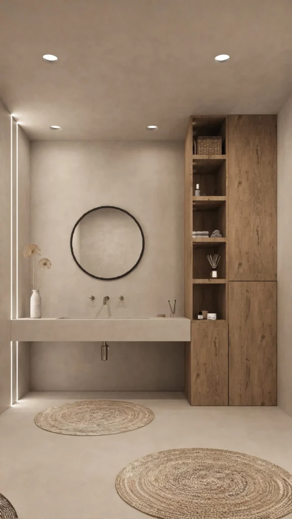 japandi contemporary fusion bathroom concealed storage flush doors recessed niches clean minimal