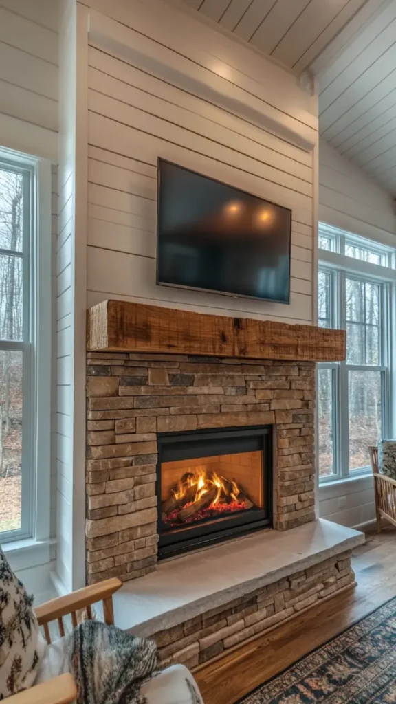 stone fireplace ideas warm uplighting texture night highlight