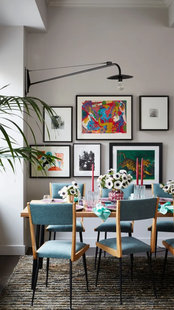 gallery wall dining room extends ceiling dramatic continuous