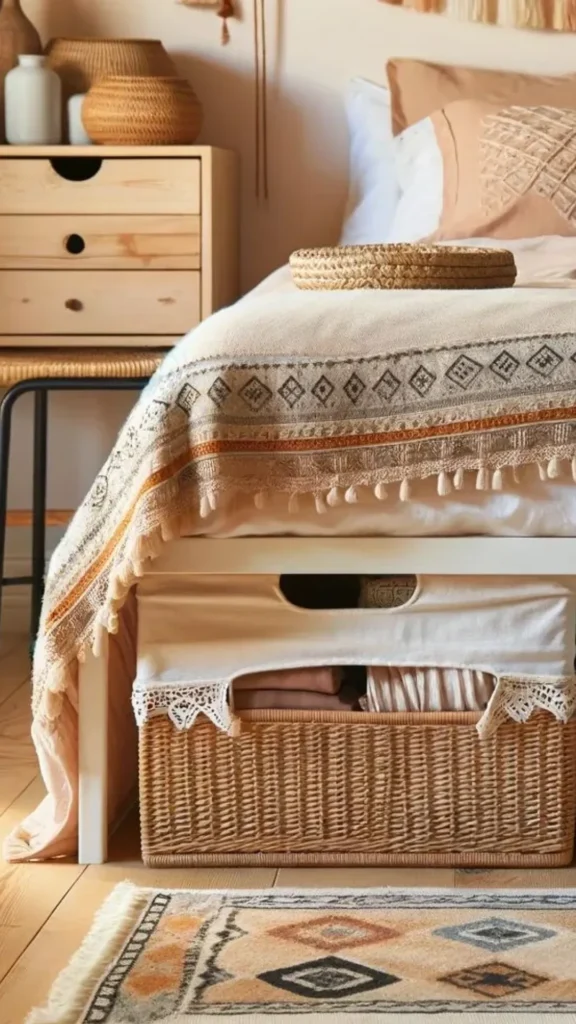 boho bedroom ideas handwoven baskets practical storage under bed