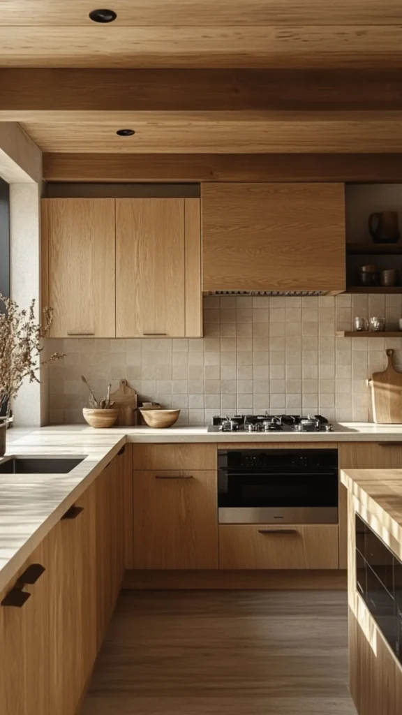 light oak kitchen cabinets wall of windows maximum daylight bright warm 2026