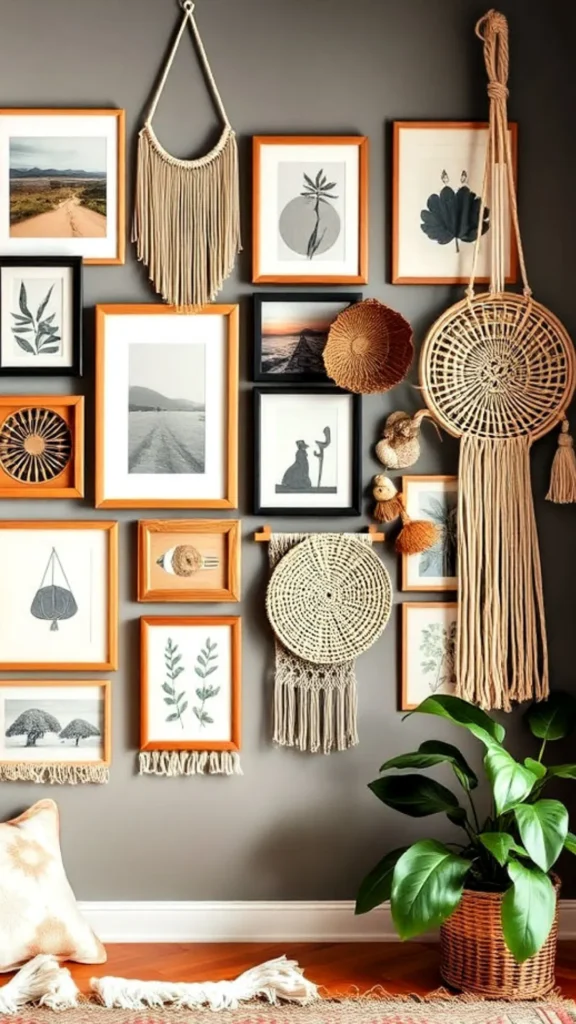 boho bedroom ideas gallery wall travel photography warm wood frames