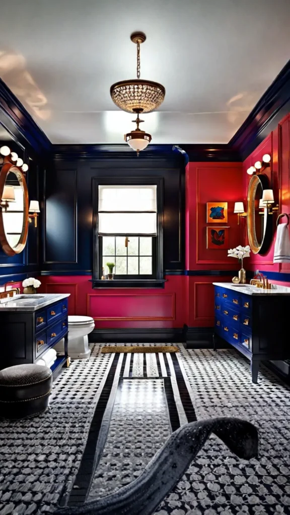 colorful bathroom ideas statement color vanity cabinet bold neutral walls tiles confident