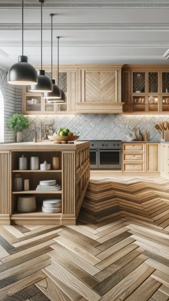 light oak kitchen cabinets herringbone wood floor matching warm tone pattern 2026