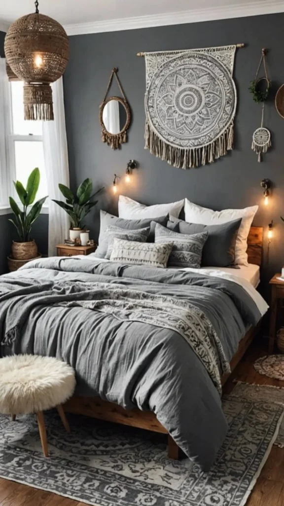 boho bedroom ideas couple symmetrical layered styling shared