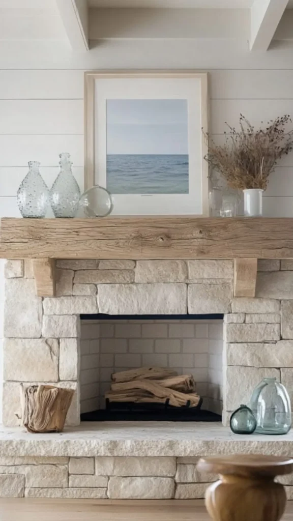 stone fireplace ideas seasonal mantel styling dried branches autumn