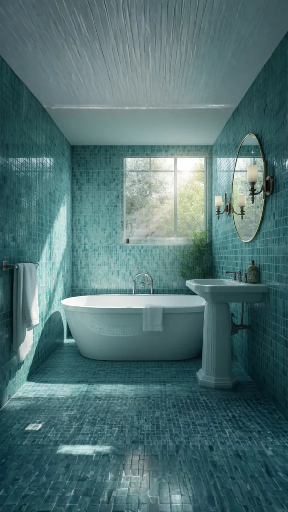 colorful bathroom ideas zellige mosaic tile multi tonal blues greens warm handmade beautiful