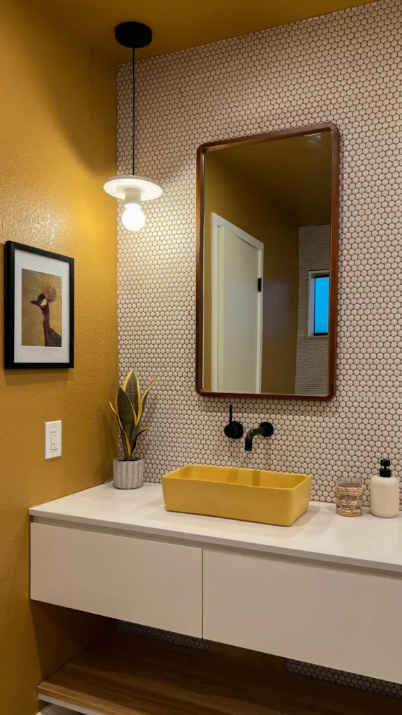 colorful bathroom ideas warm ochre yellow brass fixtures natural stone