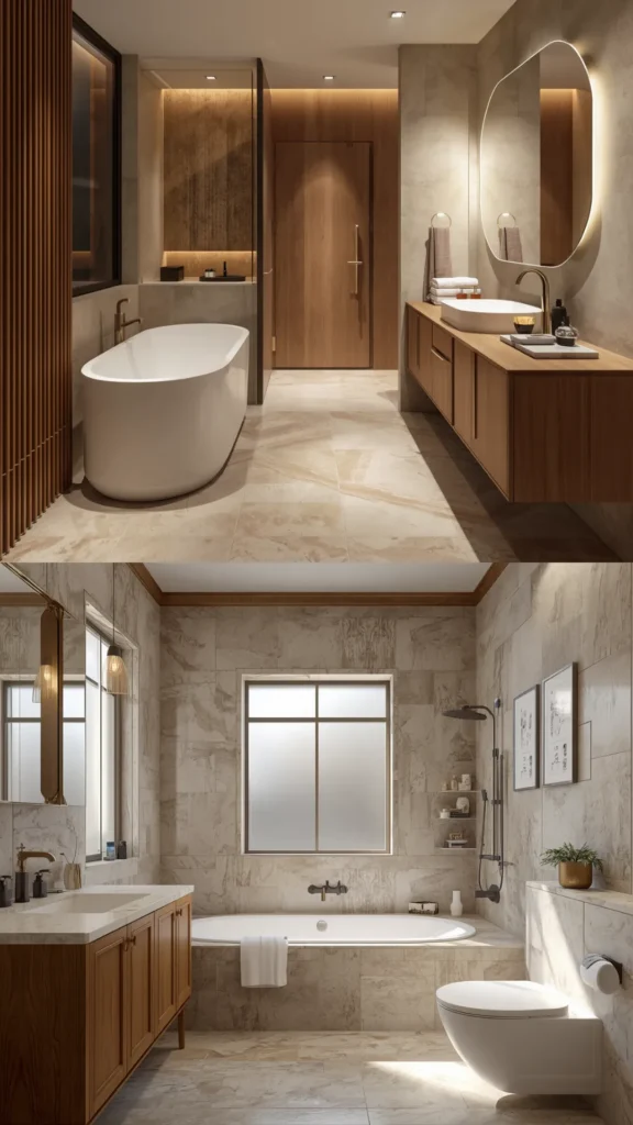 japandi contemporary fusion bathroom colour palette warm neutrals stone tones wood brass 2026