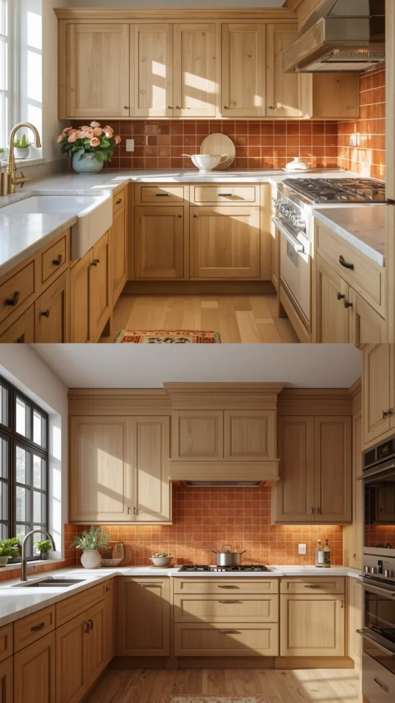 light oak kitchen cabinets warm terracotta tile backsplash earthy Mediterranean natural