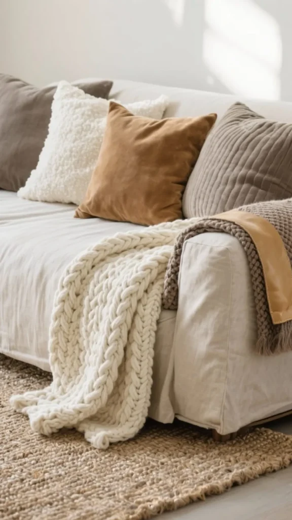 neutral living room ideas layered cushion textures boucle linen wool 2026