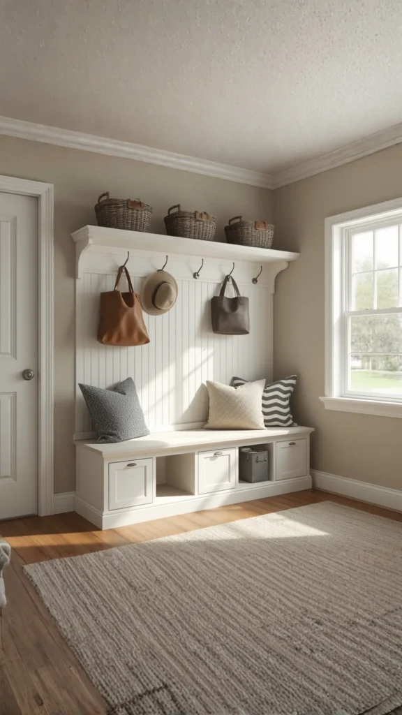 cozy entryway decor ideas beautiful storage integrated seamlessly bench hooks shelf warm styled