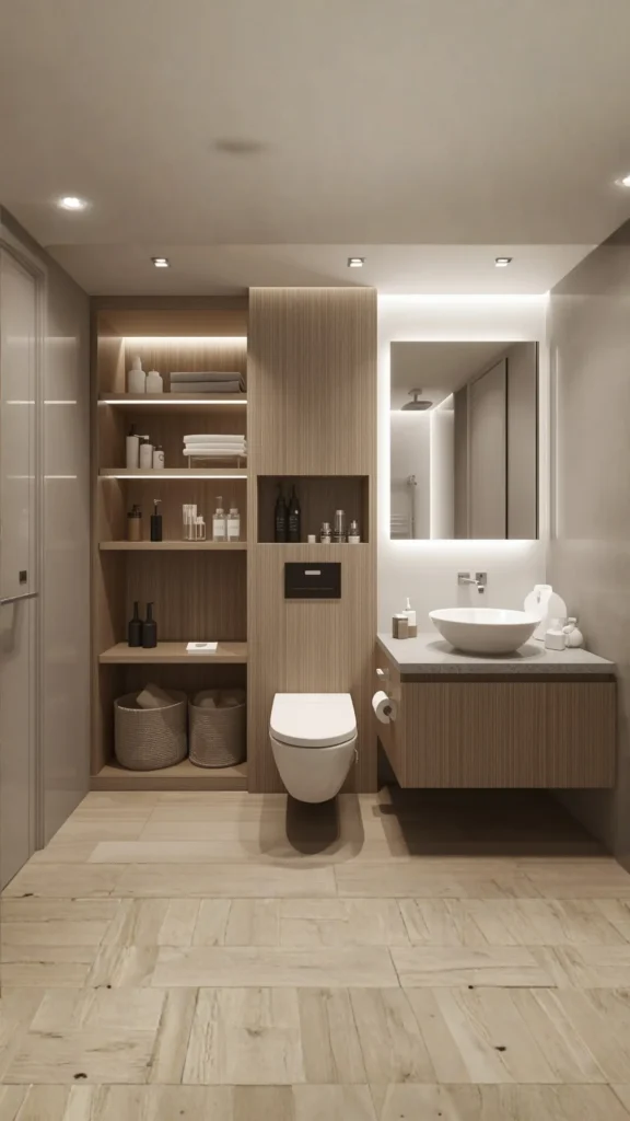 small bathroom ideas 2026 clever hidden storage clear surfaces minimal clutter
