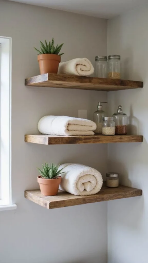 small bathroom ideas 2026 vertical wood shelving towels plants storage display