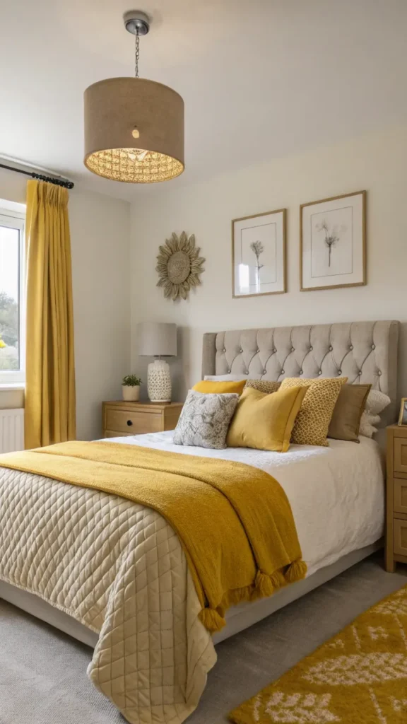 bedroom colour ideas warm mustard yellow wall natural wood cream bedding