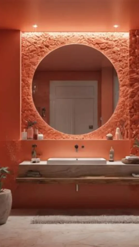 colorful bathroom ideas coral salmon tones brushed gold fixtures warm