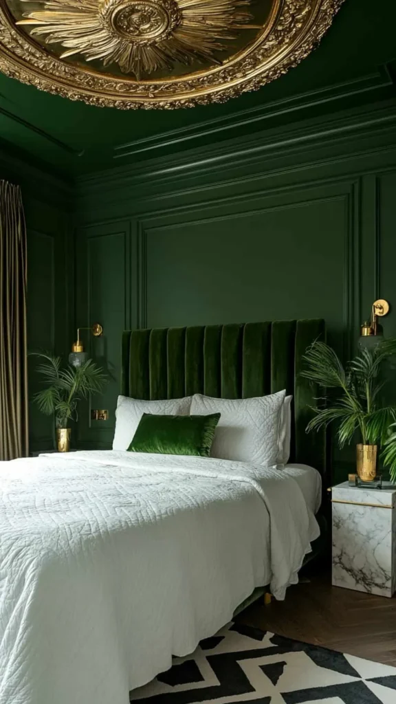 bedroom colour ideas deep forest green walls brass accents warm bedding