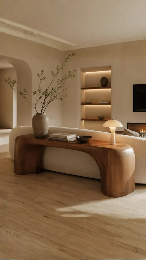 organic modern living room ideas sculptural console behind floated sofa 2026