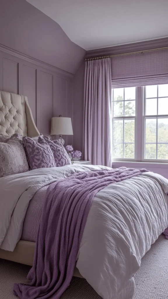bedroom colour ideas soft lavender muted purple warm wood cream textiles