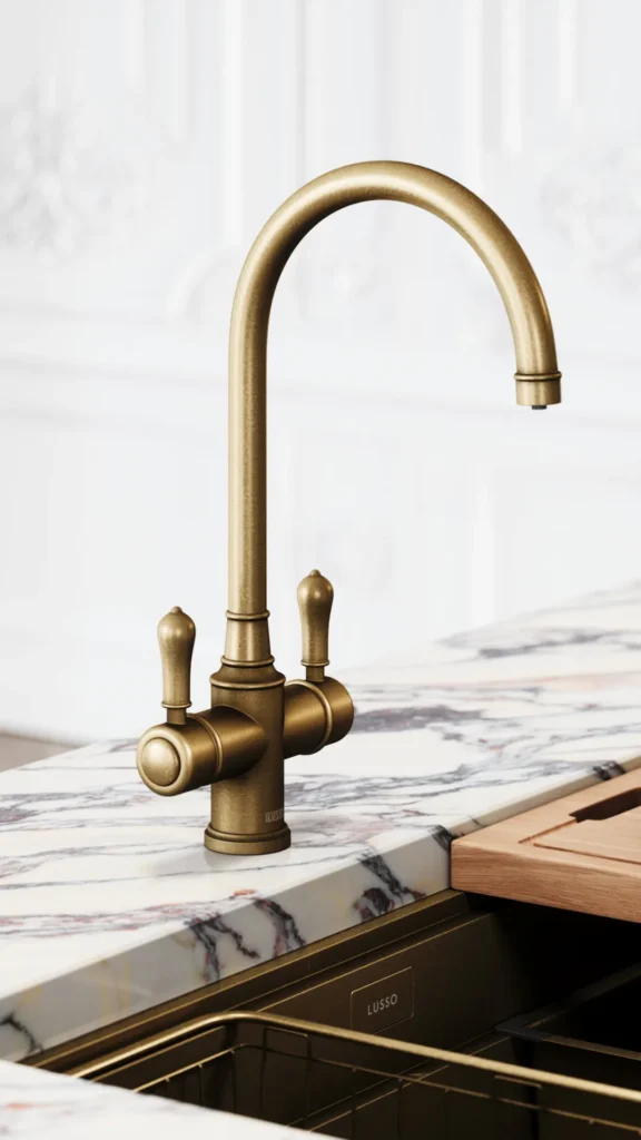 organic modern kitchen ideas warm brass tap stone countertop
