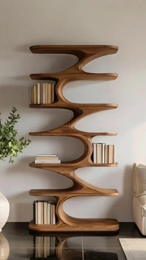 organic modern living room ideas curved bookshelf secondary focal point 2026