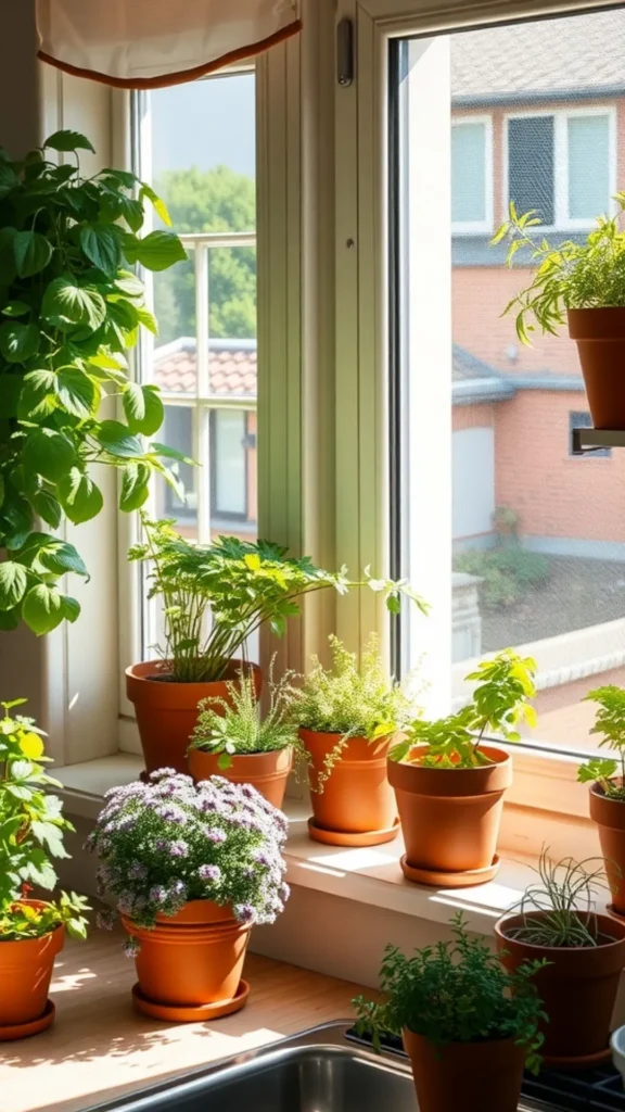 biophilic home design herb garden windowsill terracotta pots fresh growing