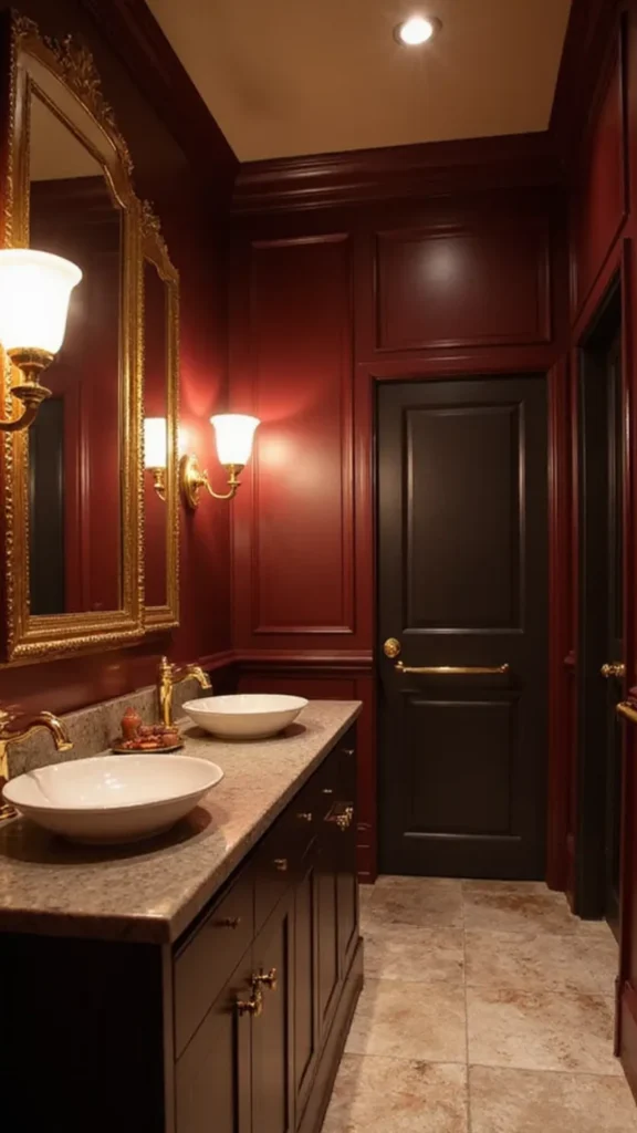 colorful bathroom ideas burgundy wine tones brass fixtures warm ambient
